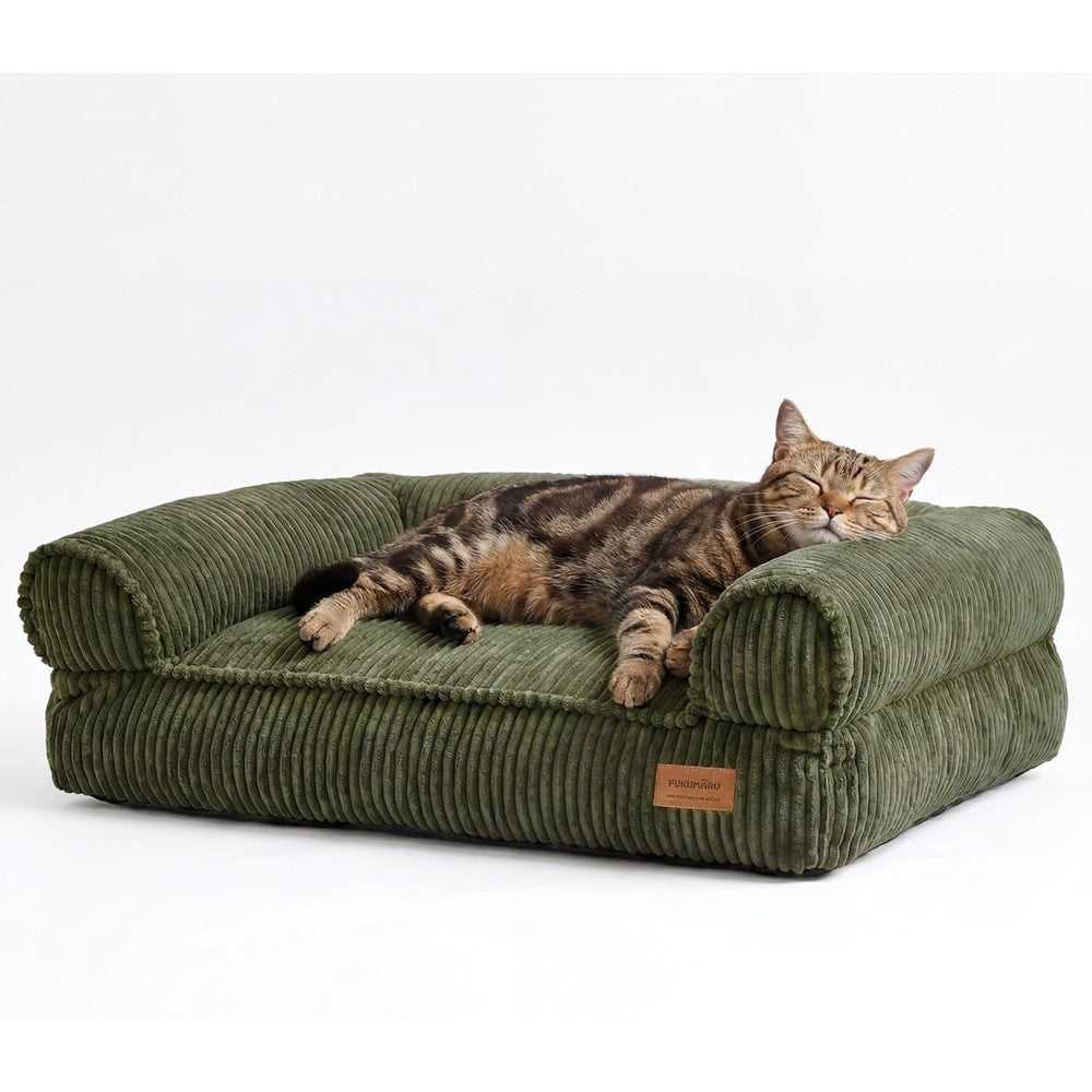 FUKUMARU Dog Couch Bed And Corduroy Cozy Cat Bed For Indoor Cats With Washable Cover Waterproof Orthopedic Pet Sofa Small Dogs Large Cats Green Med...