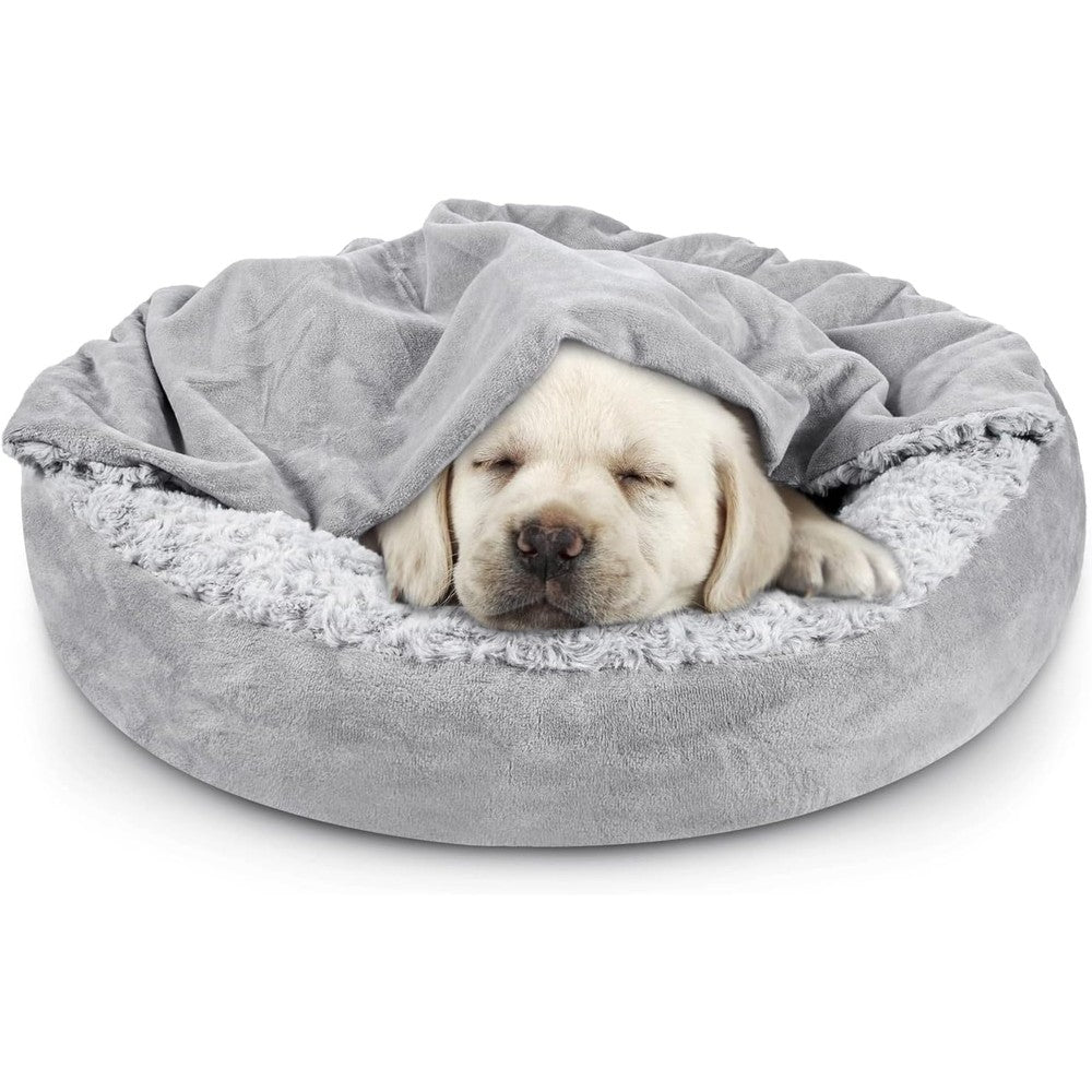 Joejoy Small Dog Bed Cat Bed With Hooded Blanket 23 Inch Round Faux Fur Calming Anti-Anxiety Luxury Pet Bed For Indoor Pets