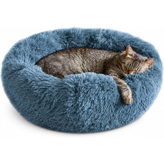 Whiskers & Friends Calming Donut Cat Bed For Indoor Cats And Small Dogs, Orthopedic Soft Plush Pet Bed, Navy Grey, 20 Inch