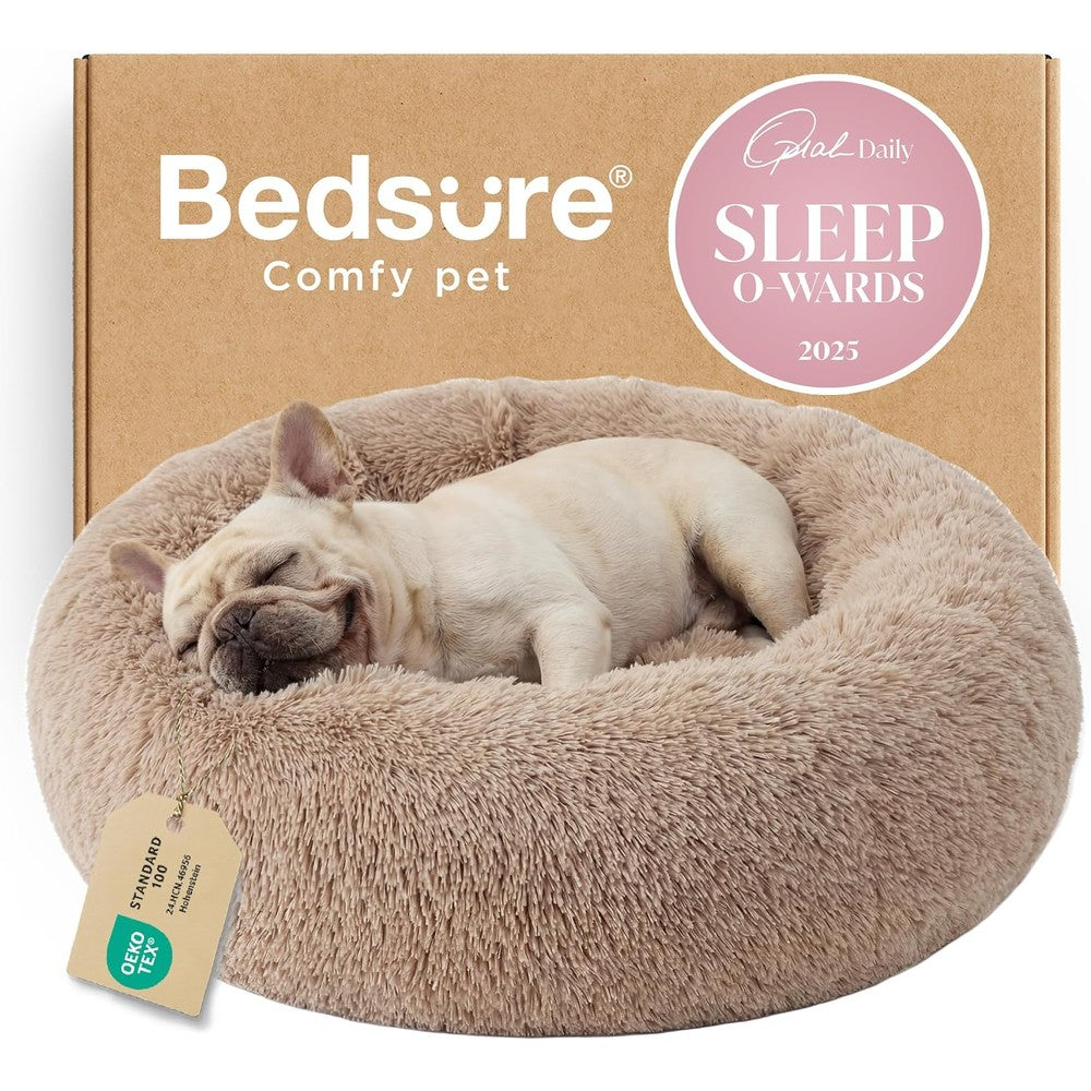 Bedsure Calming Donut Dog Bed For Medium Dogs 30 Inch Round Fluffy Plush Faux Fur Cuddler With Anti-Slip Base Camel Color