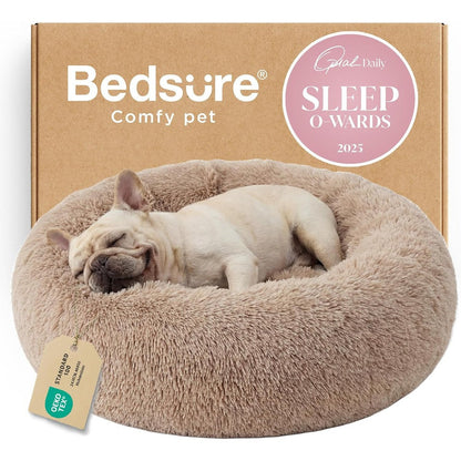 Bedsure Calming Donut Dog Bed For Medium Dogs 30 Inch Round Fluffy Plush Faux Fur Cuddler With Anti-Slip Base Camel Color