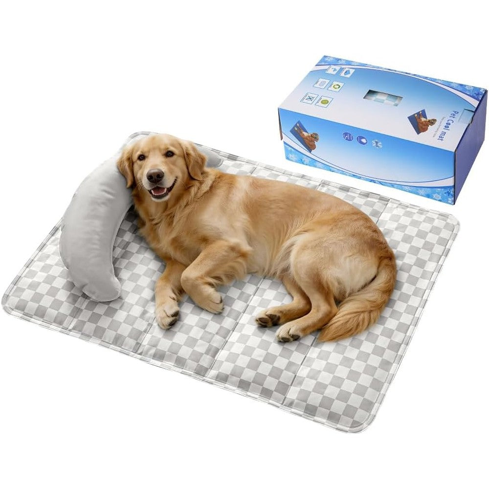 Dogifys SOMAHE Cooling Mat For Dogs Self Cooling Gel Pad With Removable Neck Support Pillow Large 35 x 24 Inches Grey