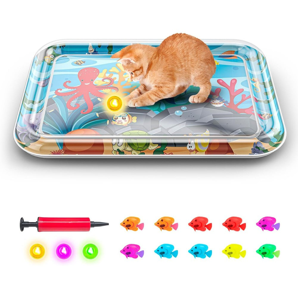 Baoyemes Marine Life Themed Cat Water Sensory Play Mat Thickened Non Slip Toy With Floating Fish And Lights Square Octopus Variant Sixty Five Centi...