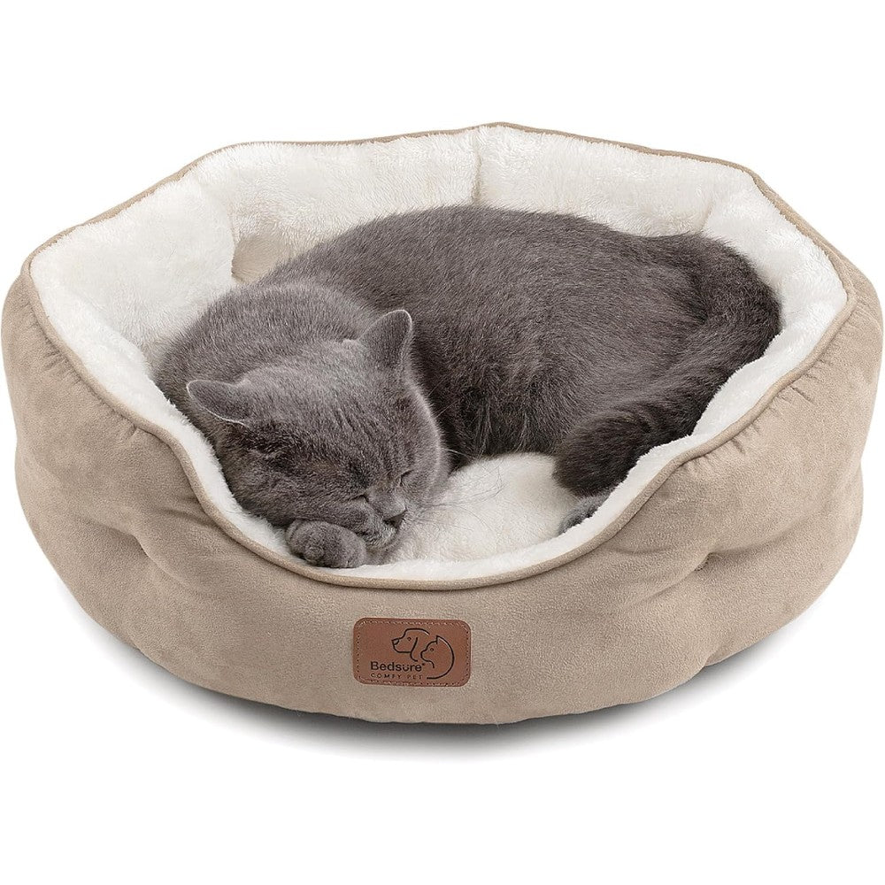 Bedsure Round Dog Bed and Cat Bed Washable Super Soft Plush Flannel Pet Cushion with Slip Resistant Bottom Camel 20 Inches