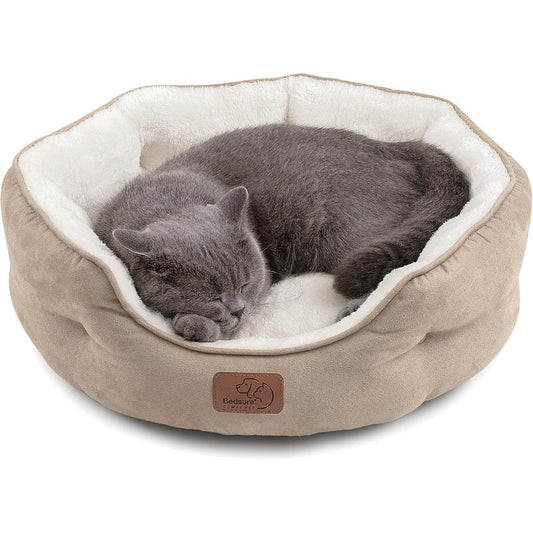 Bedsure Round Dog Bed and Cat Bed Washable Super Soft Plush Flannel Pet Cushion with Slip Resistant Bottom Camel 20 Inches