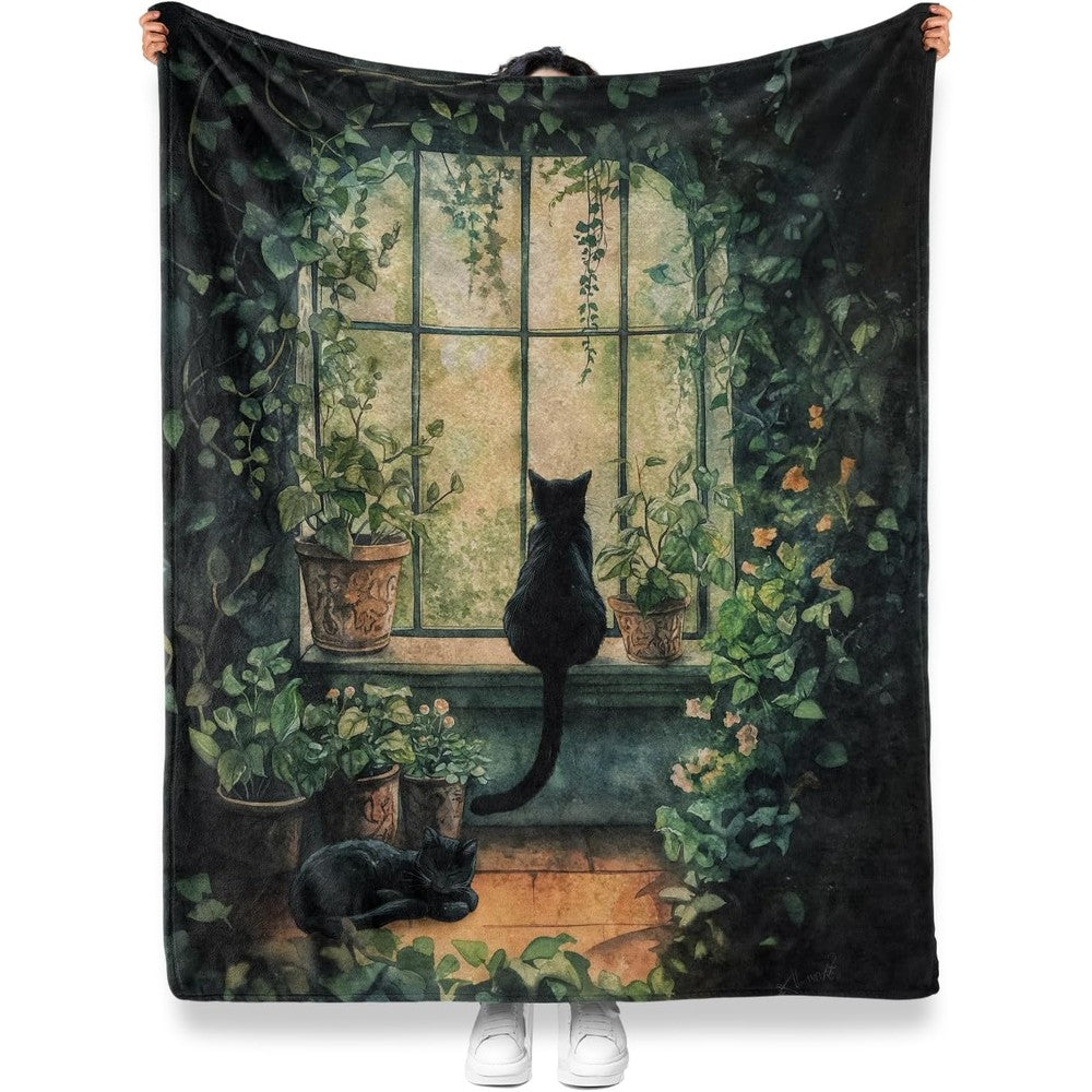 Levens Window Black Cat Blanket Sixty By Fifty Inches Soft Plush Flannel Throw Blanket For Cat Lovers Vintage Botanical Cottage Home Decor