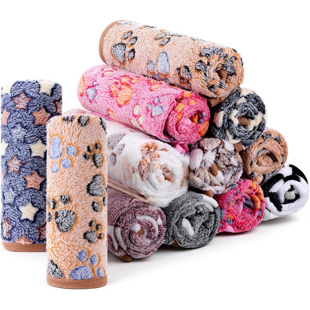 SHENLIU 18 Pcs Fleece Pet Blanket, 9 Style Small Fleece Pet Blanket Soft Warm Sleep Mat Fluffy Cute Puppy Supplies Paw Star Print Design Bed Blankets for Dog Cat Kitten Animals
