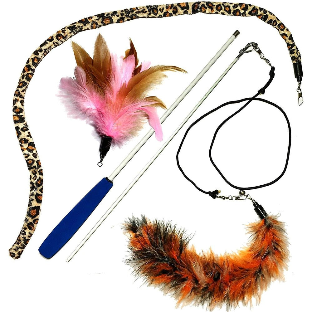 Pet Fit For Life 3 Feather Dual Rod Wand Cat Toy Interactive Teaser And Exerciser With Slithering Snake Attachment For Kittens And Adult Cats
