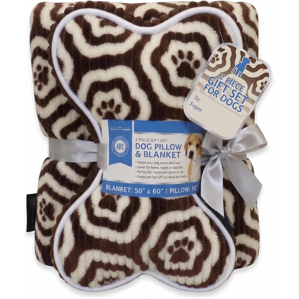 American Kennel Club Paw Print Pet Blanket And Pillow Gift Set Warm Plush Cover For Dogs And Cats Brown Sixty Inches By Fifty Inches
