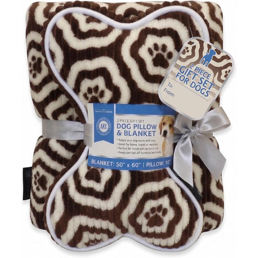 American Kennel Club Paw Print Pet Blanket And Pillow Gift Set Warm Plush Cover For Dogs And Cats Brown Sixty Inches By Fifty Inches