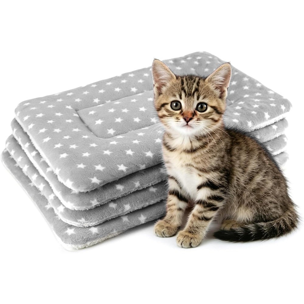 HeNdShe 4 Pack Cat Bed Mat 19 Inches by 13 Inches Soft Fluffy Flannel Small Pet Blanket Washable Sleeping Pad for Indoor Cats Kittens Grey Star Print