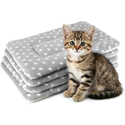 HeNdShe 4 Pack Cat Bed Mat 19 Inches by 13 Inches Soft Fluffy Flannel Small Pet Blanket Washable Sleeping Pad for Indoor Cats Kittens Grey Star Print