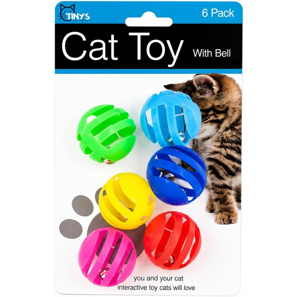Bulk Buys Balls with Bells Cat Toys Set front view of 6 pack retail packaging.