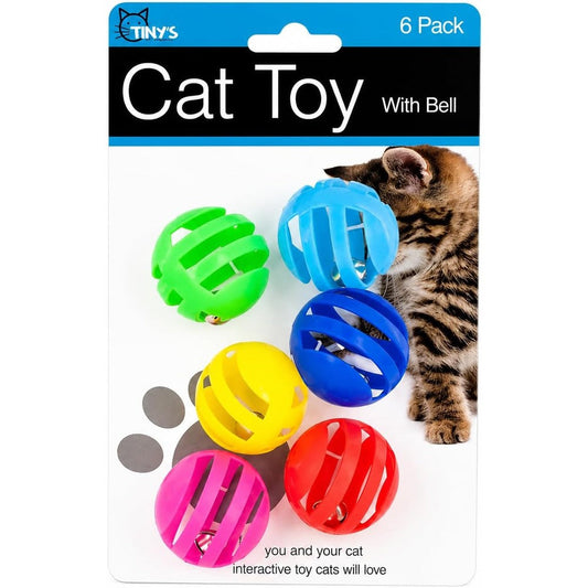 Bulk Buys Balls with Bells Cat Toys Set front view of 6 pack retail packaging.