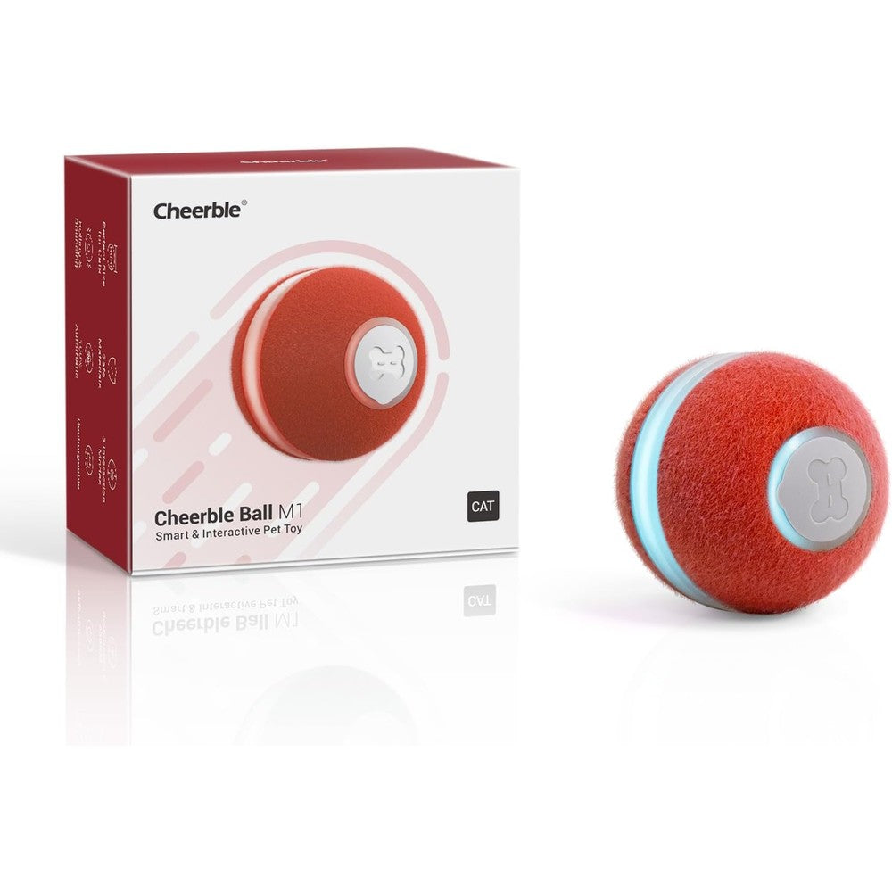 Cheerble interactive cat ball toy front view showing the red synthetic fiber exterior and glowing LED light.