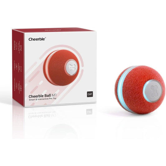 Cheerble interactive cat ball toy front view showing the red synthetic fiber exterior and glowing LED light.