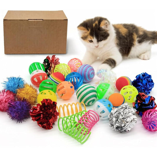 LASOCUHOO cat toy assortment thirty pieces front view displaying colorful toy balls