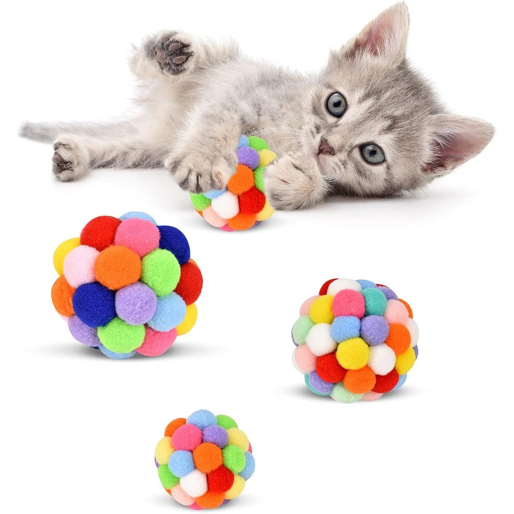 TUSATIY Cat Toy Balls With Bell pack front view showing three colorful fuzzy balls.
