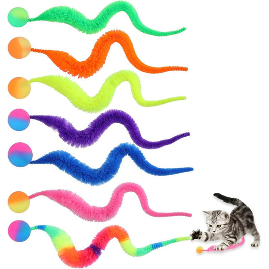 Classicseali 7pcs cat bouncy balls with colorful magic worm tails front view