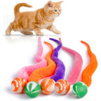 SHENGSEN Mixed Bouncy Tails Cat Toys front view showing five colorful marble pattern balls with fuzzy worm attachments.