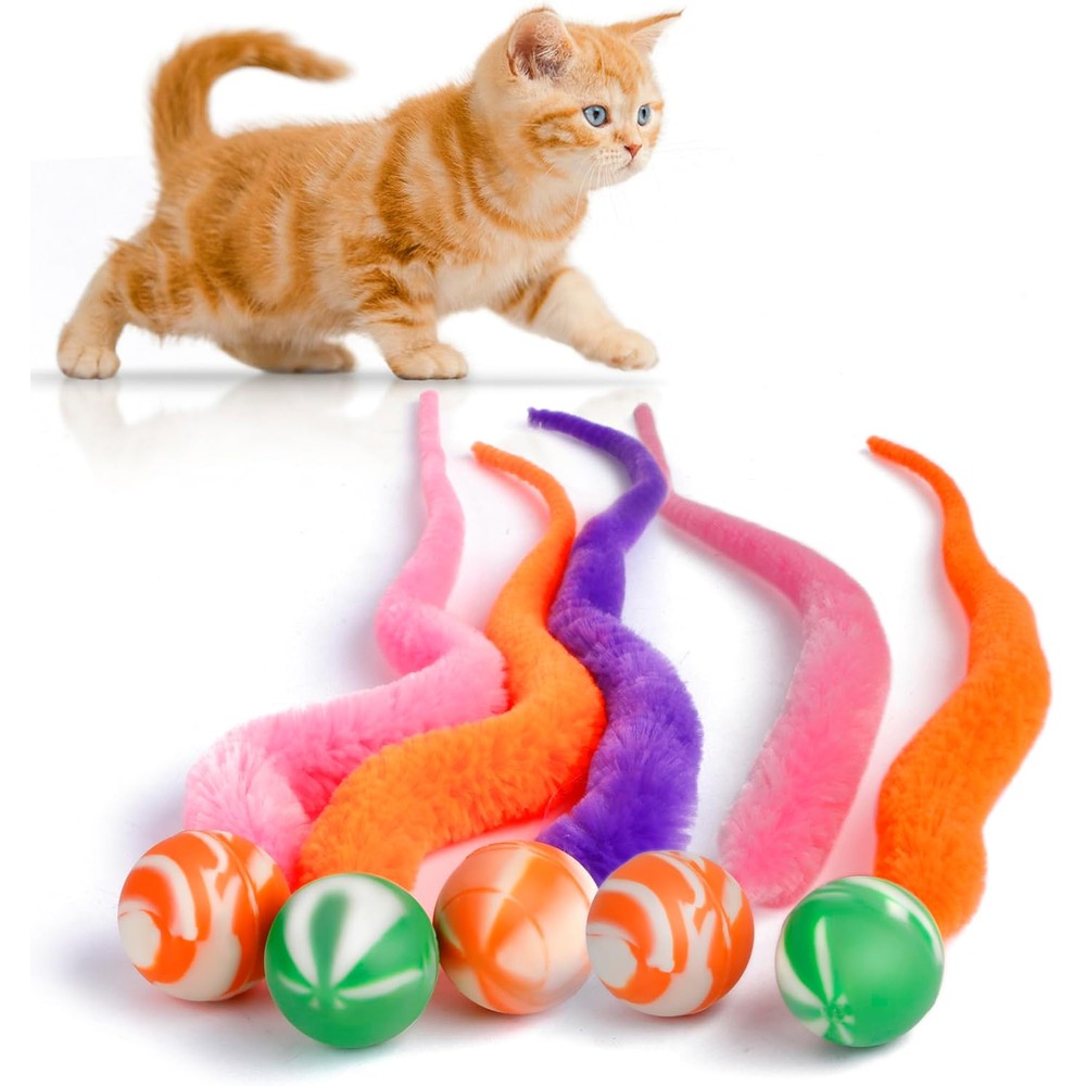 SHENGSEN Mixed Bouncy Tails Cat Toys front view showing five colorful marble pattern balls with fuzzy worm attachments.