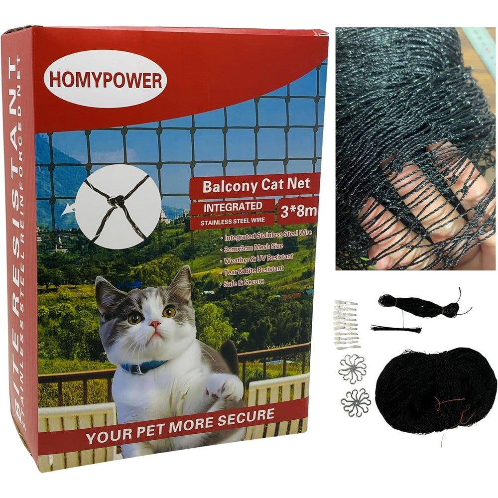 HomyPower Cat Netting Balcony Stainless Steel Reinforced Bite And Tear Resistant UV Weatherproof Safety Mesh For Pets Small Catio 10x26 Feet
