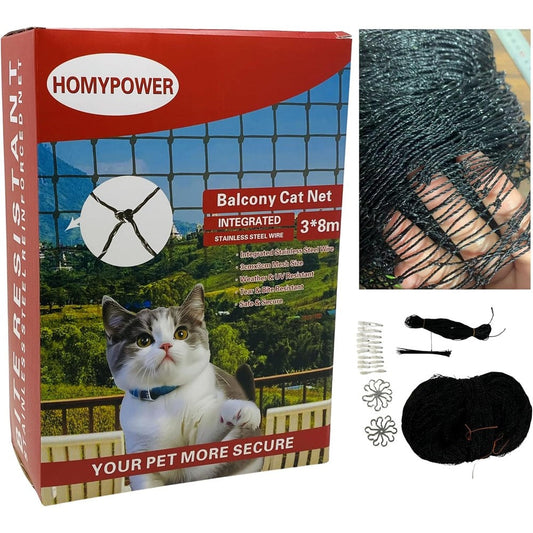 HomyPower Cat Netting Balcony Stainless Steel Reinforced Bite And Tear Resistant UV Weatherproof Safety Mesh For Pets Small Catio 10x26 Feet