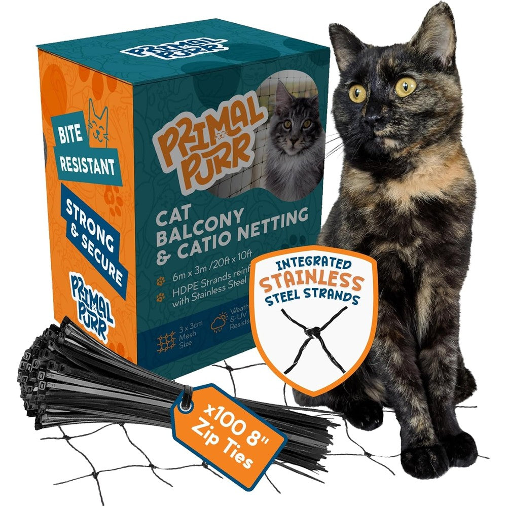 Primal Purr Steel Reinforced Cat Netting For Balcony 10ft x 20ft Safety Mesh For Pets Kitten Balcony Protection And Outdoor Catio Enclosure