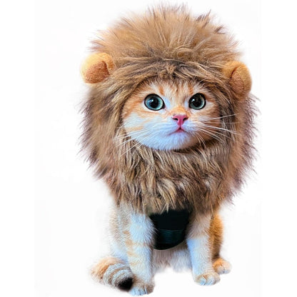 RosyLife Lion Mane Wig For Cat Costume Adjustable Washable Brown Faux Fur Pet Fancy Dress Accessory For Halloween Holiday Photo Shoots