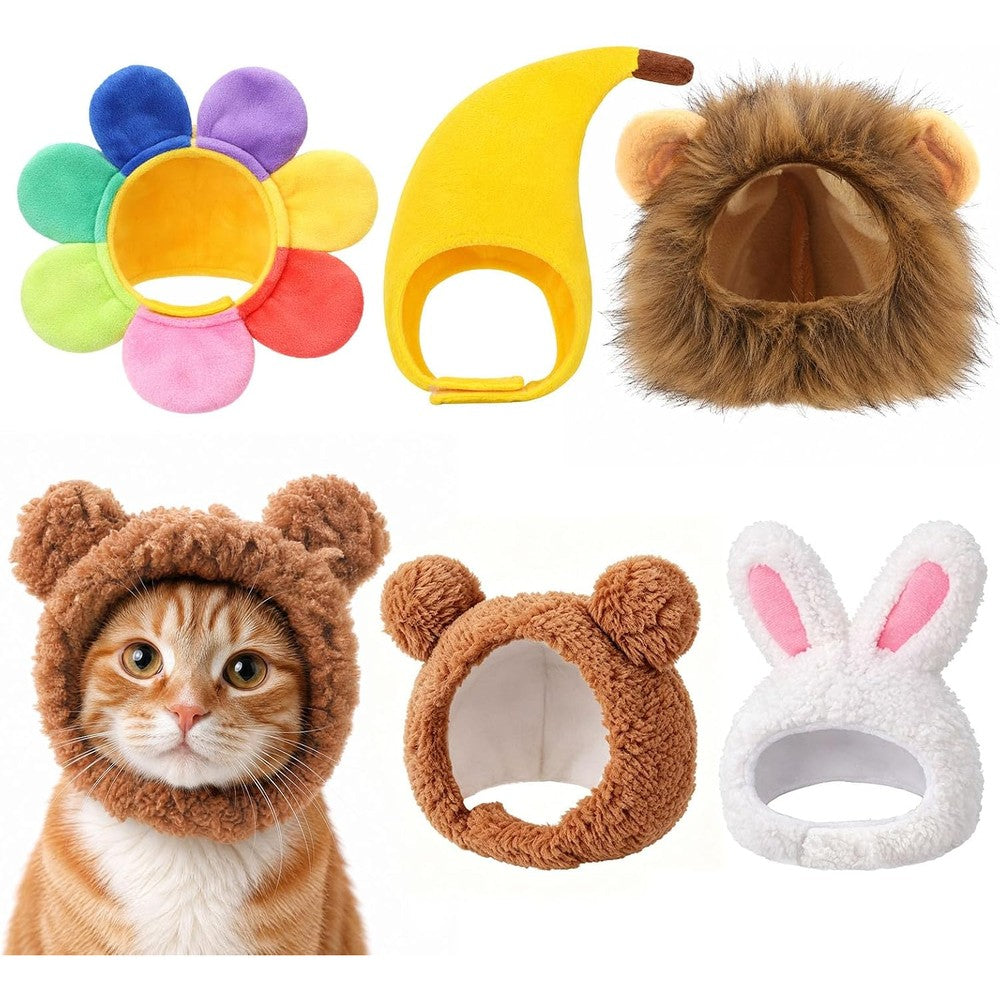 Wuuraa Guiqulai 5 Pack Cute Pet Costume Hats For Cats And Small Dogs Bear Rainbow Flower Rabbit Lion Cub Banana Funny Headwear Accessories