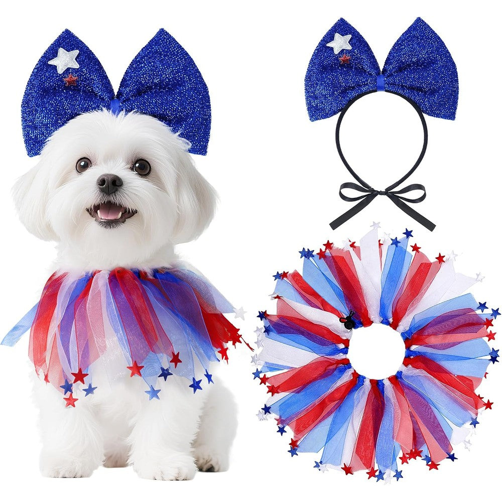 Haakong 2 Piece 4th Of July Pet Costume Set Featuring A Blue Bow Headband And Patriotic Red White And Blue Ribbon Collar For Small To Medium Dogs A...