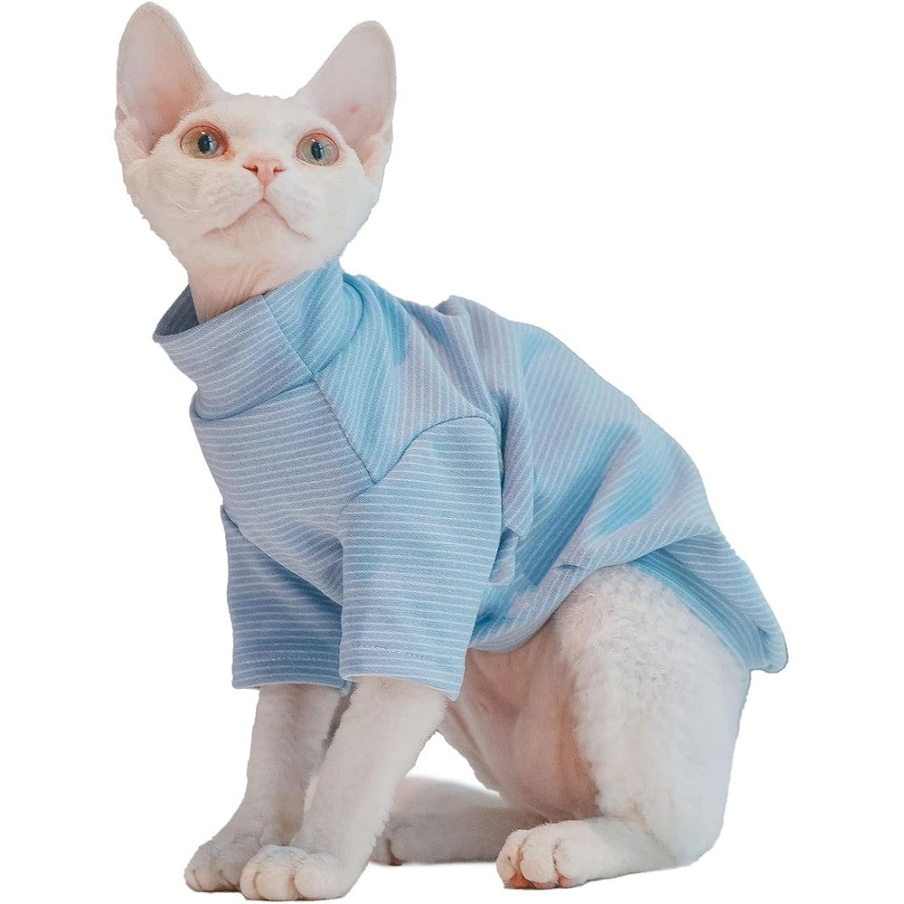 Kitipcoo Sphynx Cats Warm Fleece Turtleneck Undershirt Thermal Hairless Cat Clothes For Sphynx Devon Cornish And Small Pets Blue Pinstripe Small