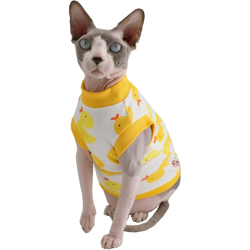 Kitipcoo Sphynx Hairless Cat Summer Cotton T-Shirt Round Collar Sleeveless Vest For Cats And Small Dogs Yellow Ducks Medium