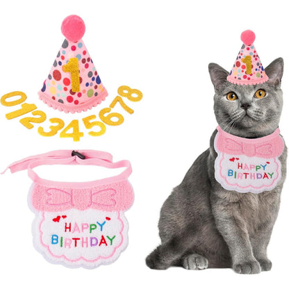 Adoggygo Cat Birthday Party Supplies Pink Girl Kitten Birthday Bandana Hat With Numbers And Bow Tie Set For Pet Birthday Decorations