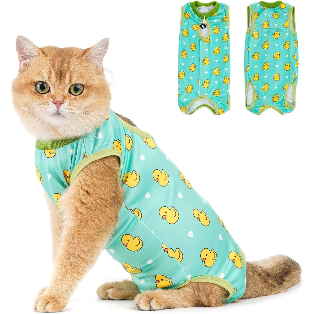 Avont cat recovery suit front view featuring the cute duck pattern for post-surgery protection.
