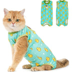 Avont cat recovery suit front view featuring the cute duck pattern for post-surgery protection.