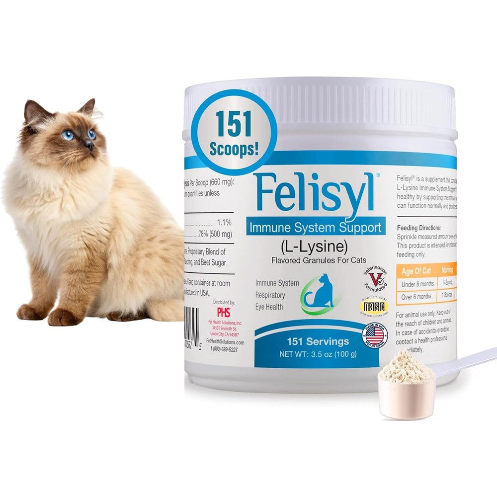 Pet Health Solutions Felisyl L-Lysine Granules 100g front view of packaging showing NASC seal