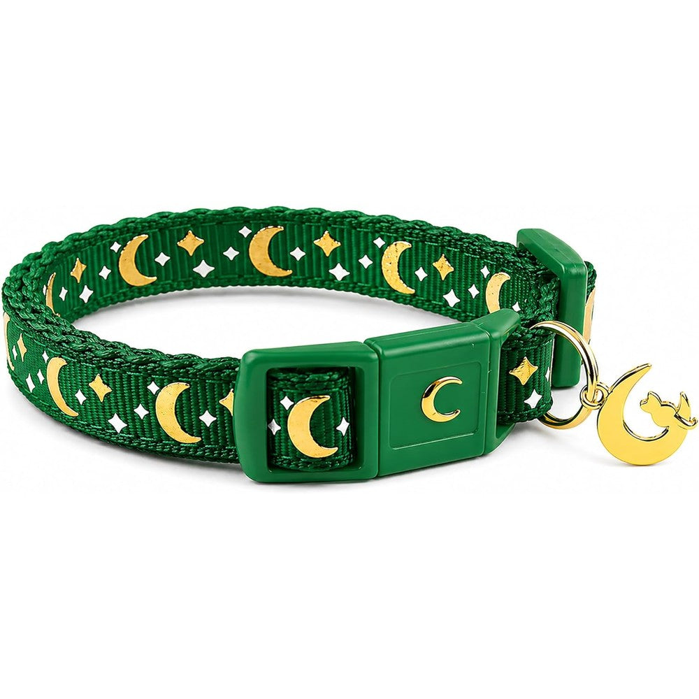 Waaag Gold Moons And Stars Safety Breakaway Cat Collar Glow In The Dark With Bell And Charm For Kittens Emerald Green Size 6.5 Inch To 10 Inch