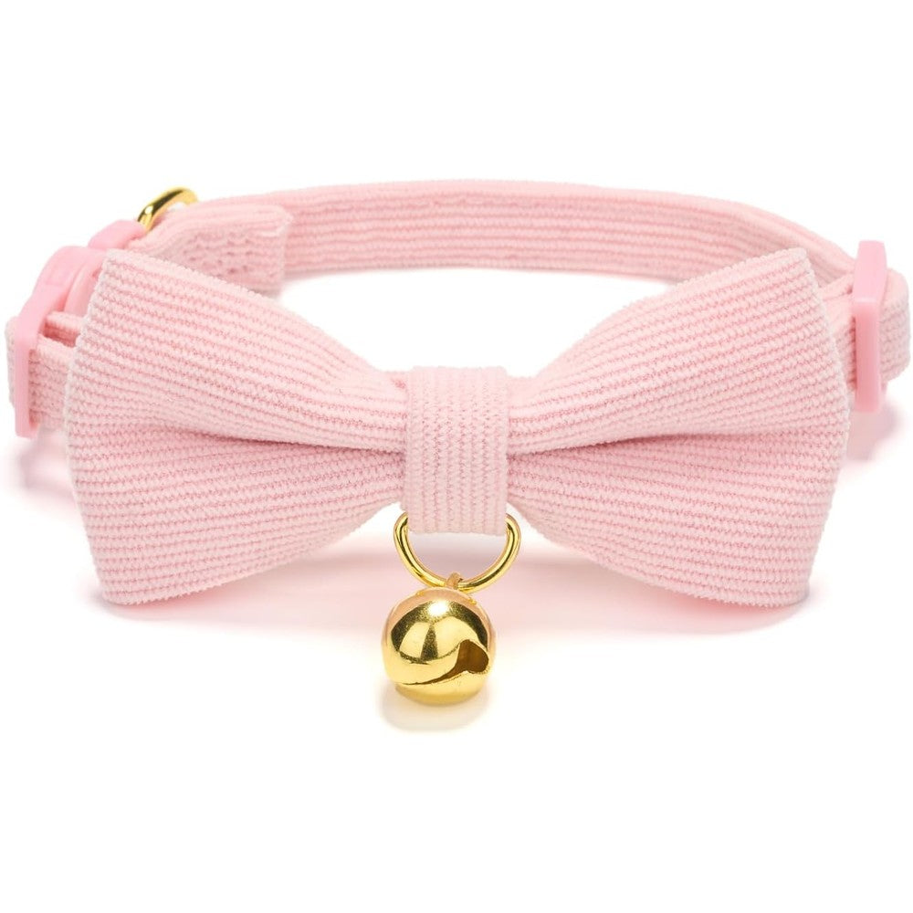 YUDOTE Cotton Breakaway Cat Collar With Removable Bow Tie And Tracking Bell, Adjustable Soft Corduroy Kitten Collar For Girl Cats, Pink, 1 Count