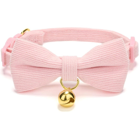 YUDOTE Cotton Breakaway Cat Collar With Removable Bow Tie And Tracking Bell, Adjustable Soft Corduroy Kitten Collar For Girl Cats, Pink, 1 Count
