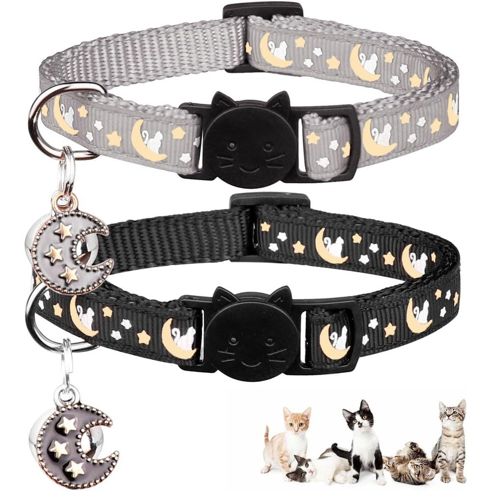 Baeuppit Breakaway Cat Collars For Boy And Girl Cats Glow In The Dark Adjustable Kitten Collars With Bell And Pendant Black And Gray 2 Count