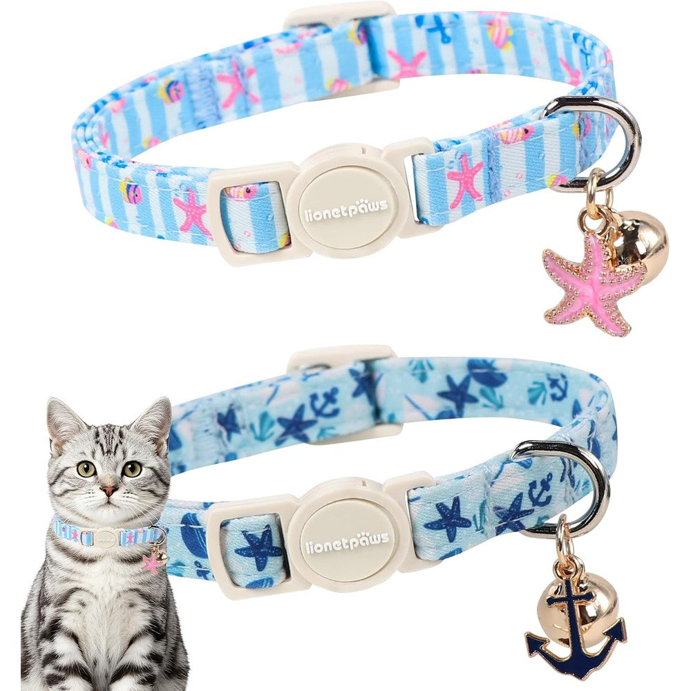Lionet Paws Two Pack Breakaway Summer Cat Collars Cute Soft Cotton Blue Beach Themed Kitten Collars With Bell And Charms For Boy Girl Cats