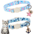 Lionet Paws Two Pack Breakaway Summer Cat Collars Cute Soft Cotton Blue Beach Themed Kitten Collars With Bell And Charms For Boy Girl Cats