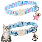 Lionet Paws Two Pack Breakaway Summer Cat Collars Cute Soft Cotton Blue Beach Themed Kitten Collars With Bell And Charms For Boy Girl Cats
