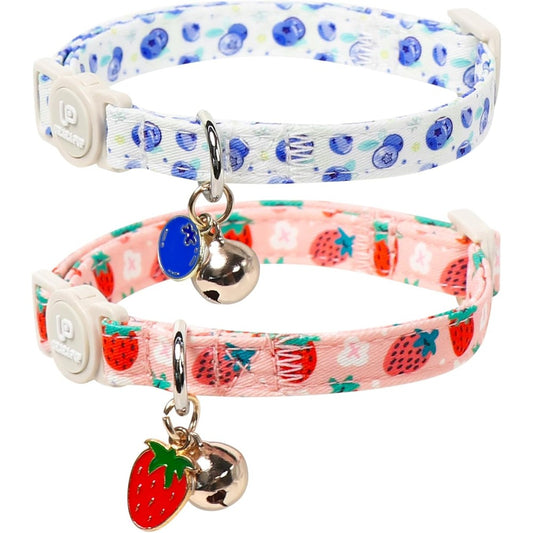 UP URARA PUP Cotton Breakaway Cat Collar Two Pack Summer Kitten Collars With Cute Blueberry And Peach Pendants For Girl And Boy Cats