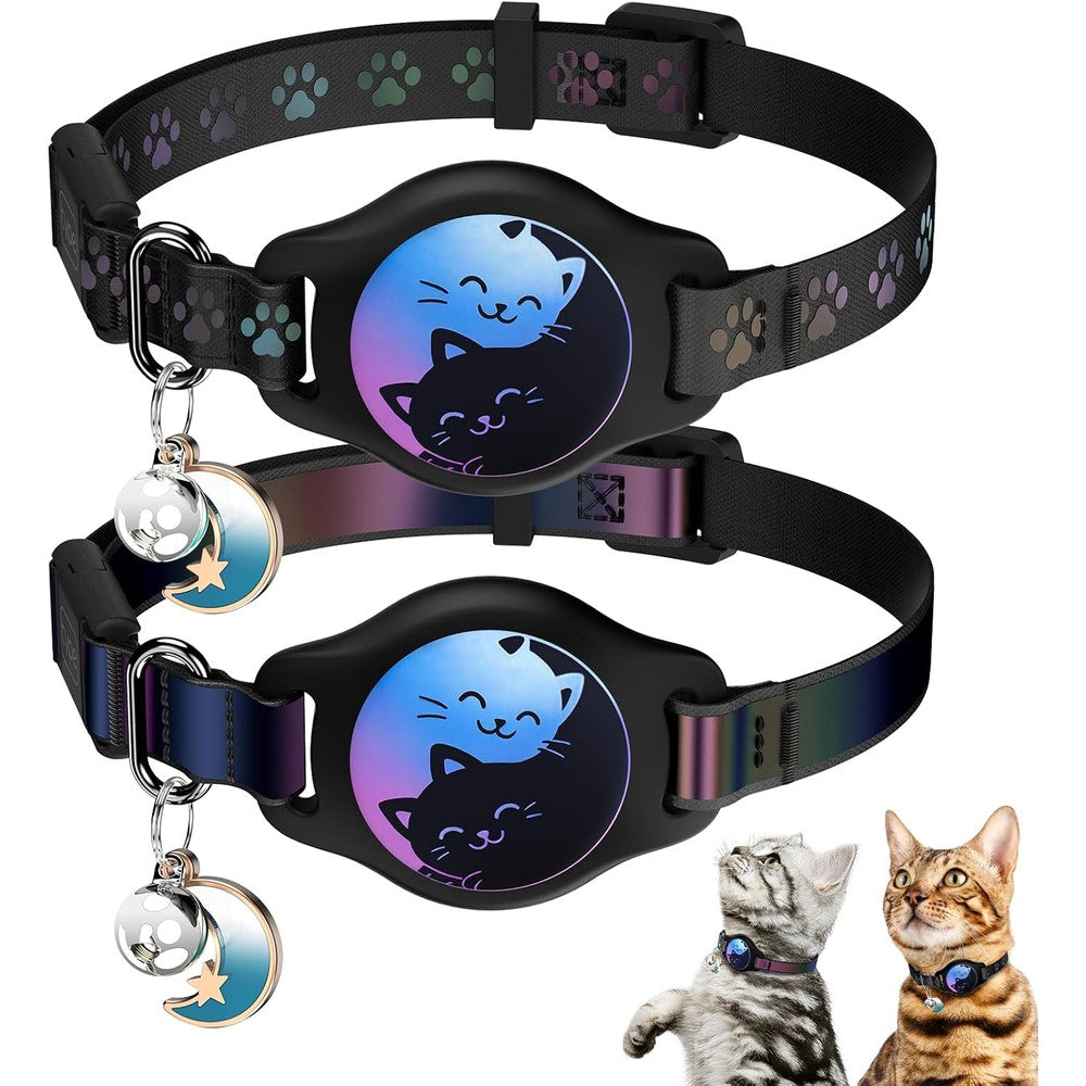 Typecase AirTag Cat Collar Breakaway Two Pack Reflective Waterproof Kitten Collar With Apple AirTag Holder Adjustable Black Eight To Eleven Inches