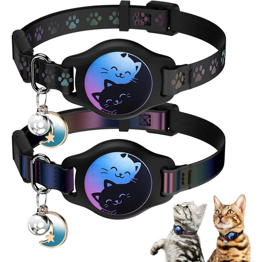 Typecase AirTag Cat Collar Breakaway Two Pack Reflective Waterproof Kitten Collar With Apple AirTag Holder Adjustable Black Eight To Eleven Inches
