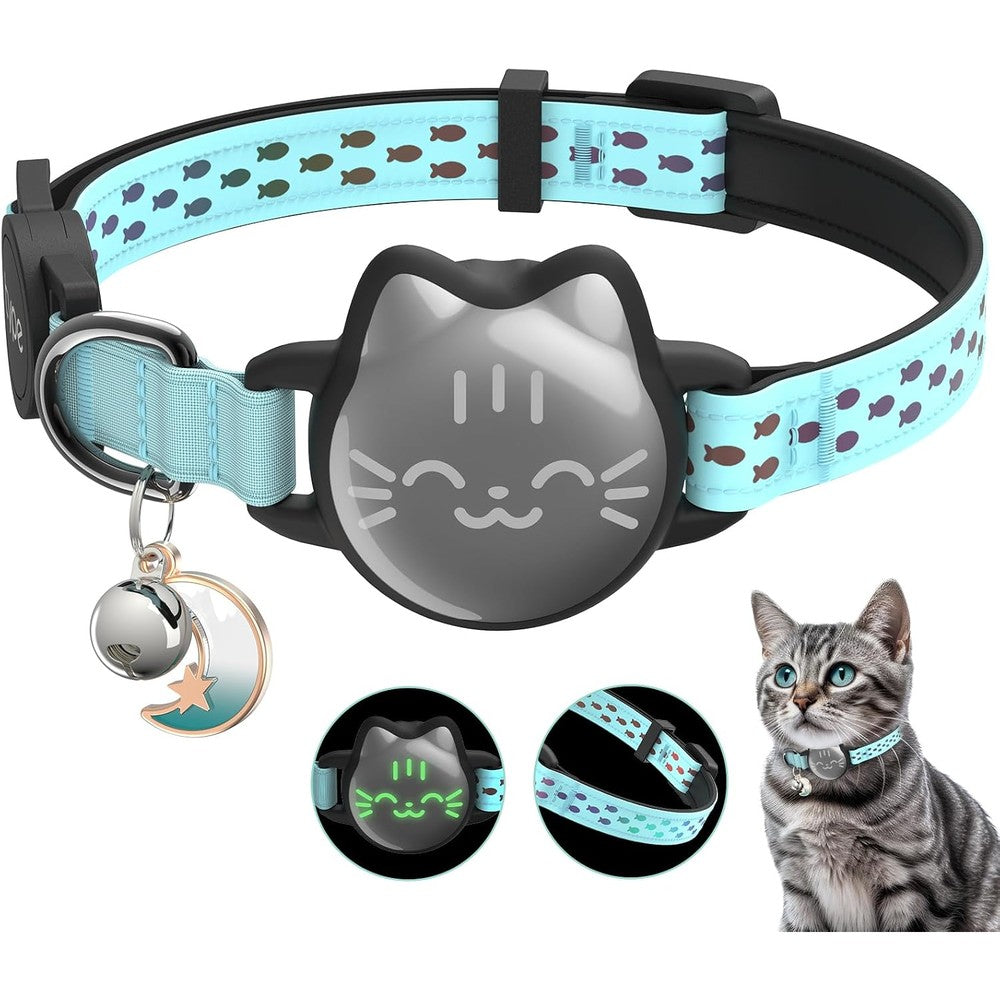 Typecase Waterproof AirTag Cat Collar Breakaway Reflective Luminous Fish Pattern Hidden GPS Tracker Holder for Cats Kittens and Puppies Fits Nine t...