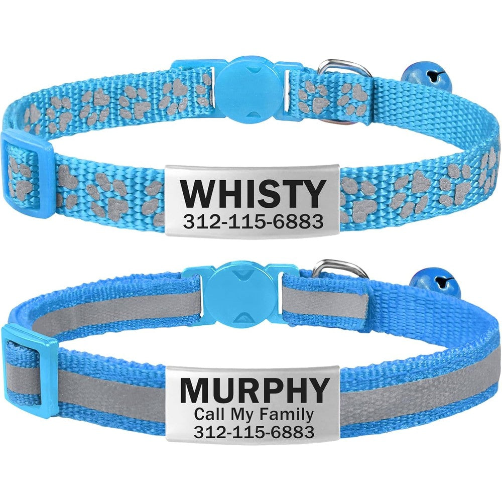TagME 2 Pack Personalized Reflective Cat Collar With Engraved Stainless Steel Name Tag And Breakaway Buckle For Kitten And Adult Cat, SkyBlue