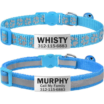 TagME 2 Pack Personalized Reflective Cat Collar With Engraved Stainless Steel Name Tag And Breakaway Buckle For Kitten And Adult Cat, SkyBlue